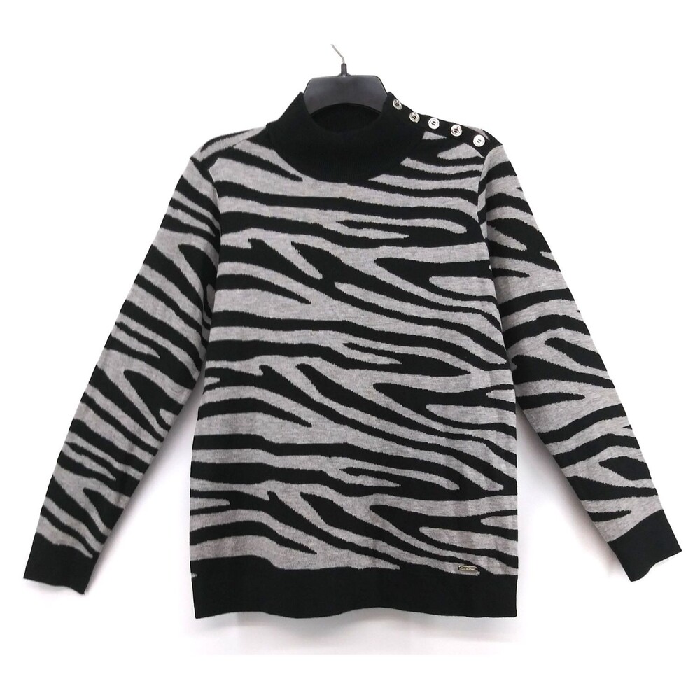 Calvin Klein Sweater Women Medium Black Gray Animal Print Long Sleeve Mock Neck